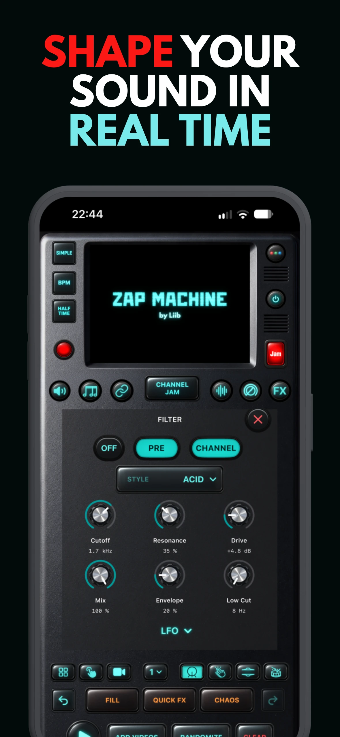 The filter controls in Zap Machine